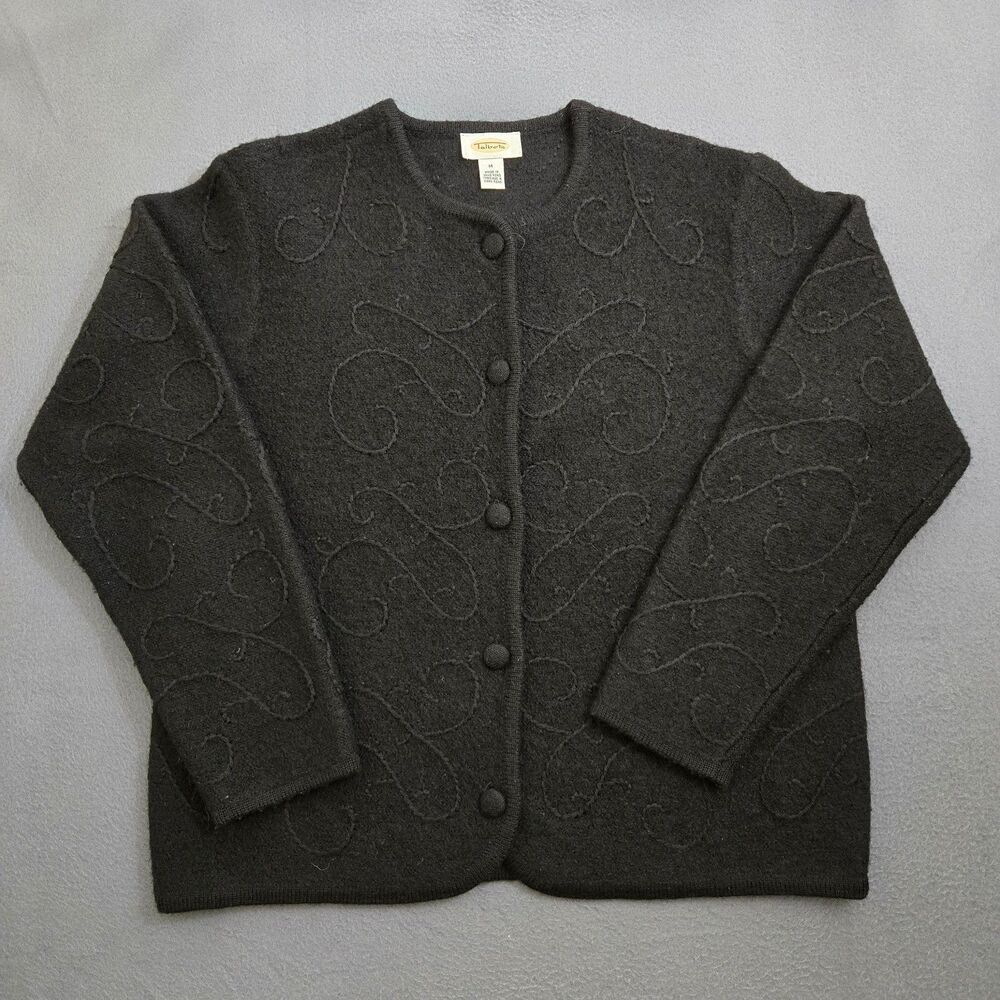 Vintage Talbots Women M Black Wool Button Up Textured Pattern Cardigan Sweater